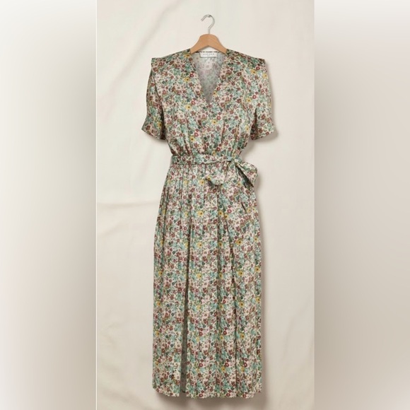 Sandro Fiona Green Pleated floral-print satin-twill midi dress Sandro Fiona Green Pleated floral-print satin-twill midi dress